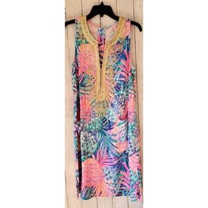 Lilly Pulitzer Colletta shift dress with gold shimmer stitching.